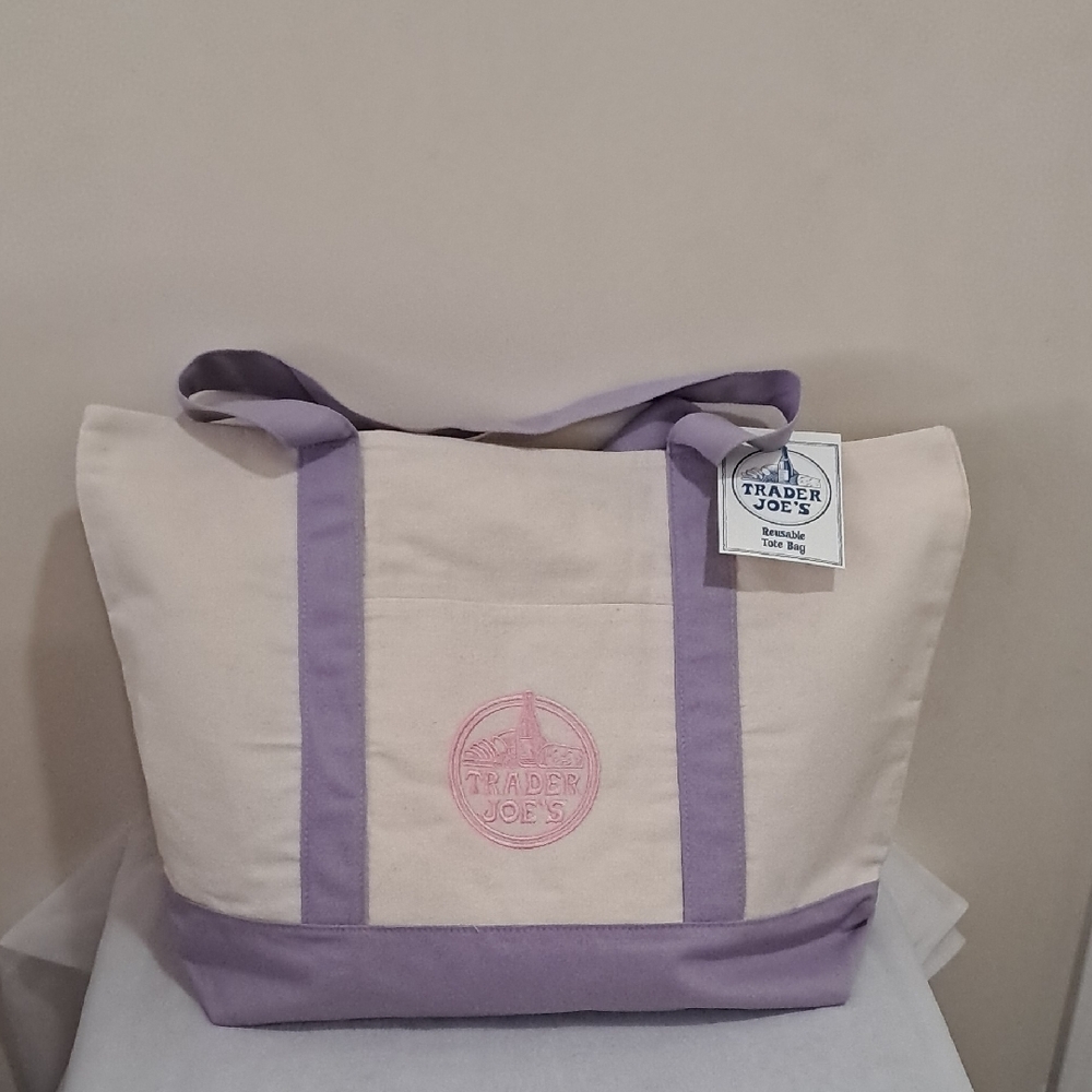 Trader Joe's Lavender and Cream Large Canvas Tote Bag - Picture 2 of 3